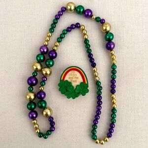 Vintage 1980 Irish Pin Brooch and St Patricks Madi Gras 34in Necklace  Set